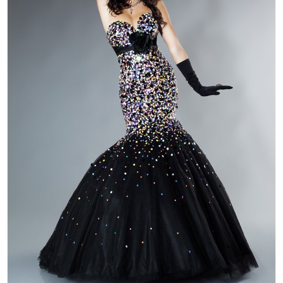 knee length dresses for ladies Tiffany Designs 16074 - Floral Beaded Mermaid Evening Gown 18 / Black/Silver main image 1